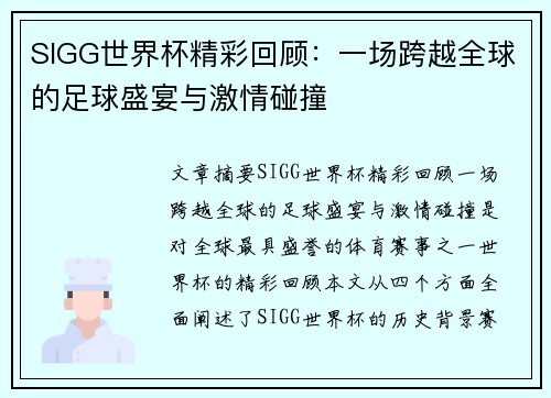SIGG世界杯精彩回顾：一场跨越全球的足球盛宴与激情碰撞