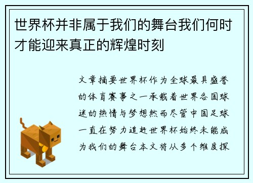 世界杯并非属于我们的舞台我们何时才能迎来真正的辉煌时刻