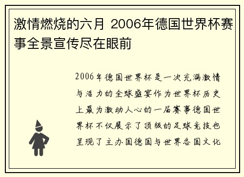 激情燃烧的六月 2006年德国世界杯赛事全景宣传尽在眼前